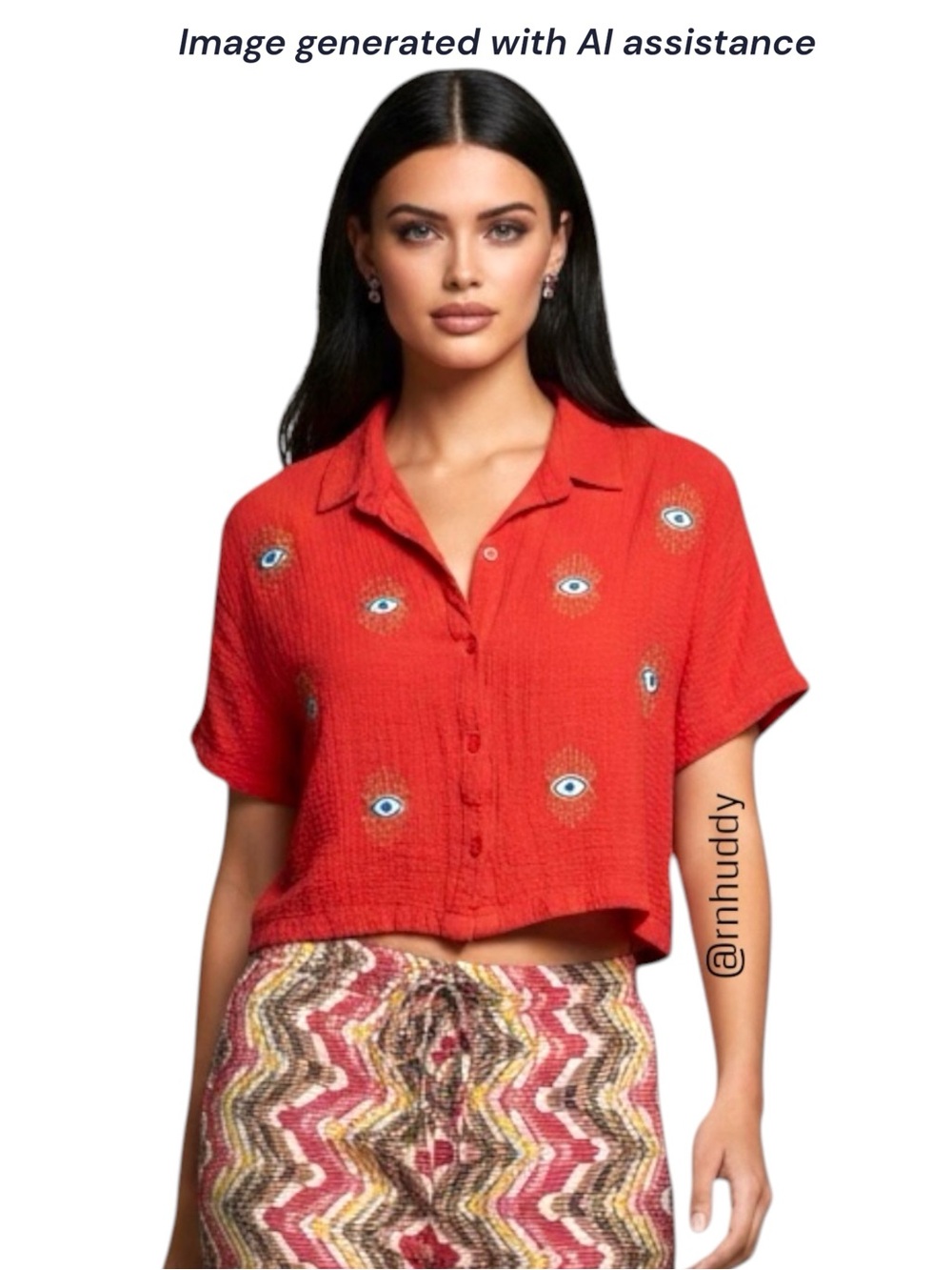 LIFE L orange red evil eye embroidered cropped shirt